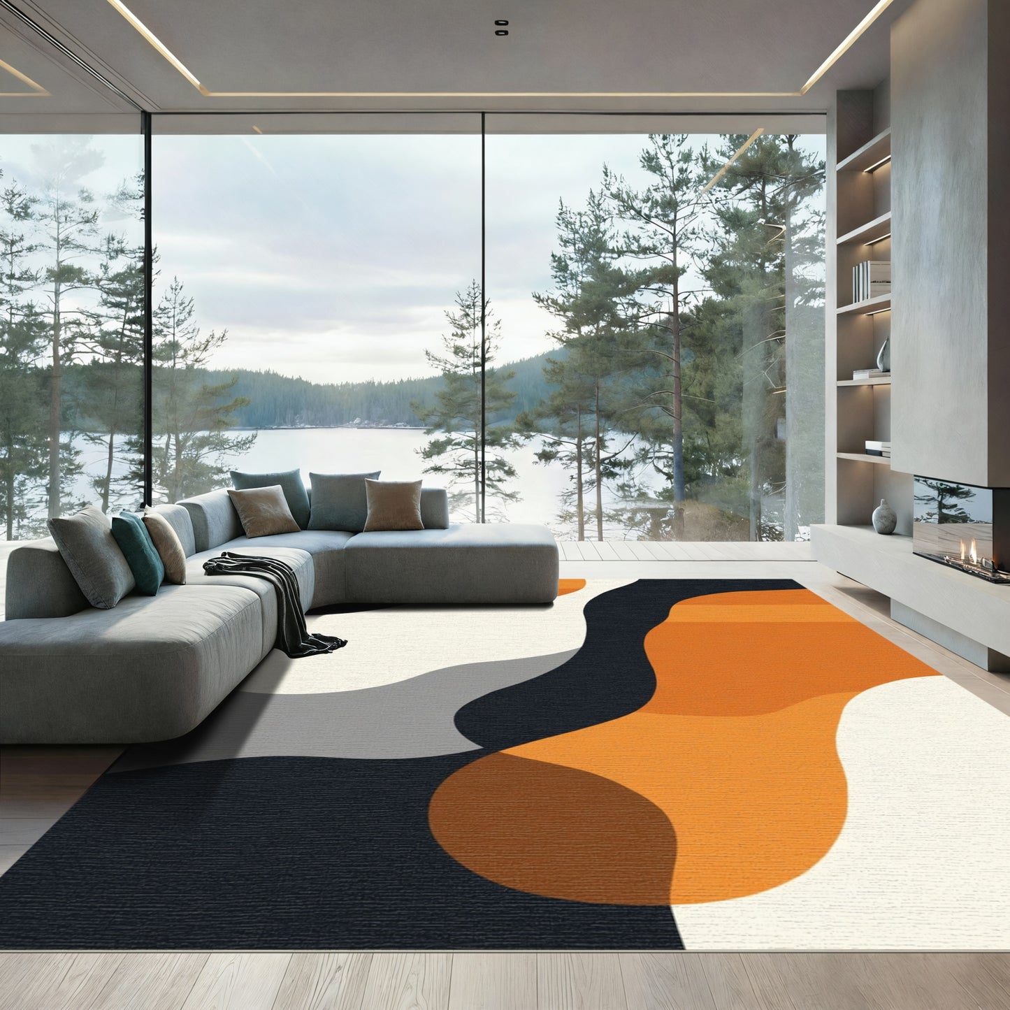 Bold Orange and Cream Abstract Waves Rug