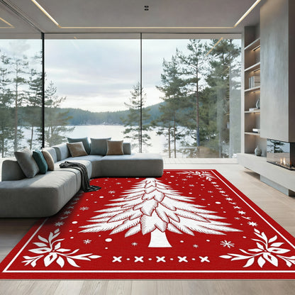 Red White Frosted Christmas Tree Snowflakes Rug