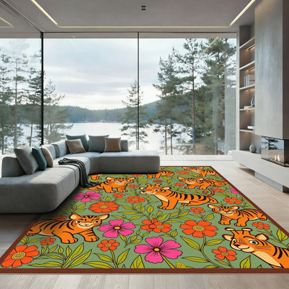 Whimsical Orange Tiger Floral Garden Rug