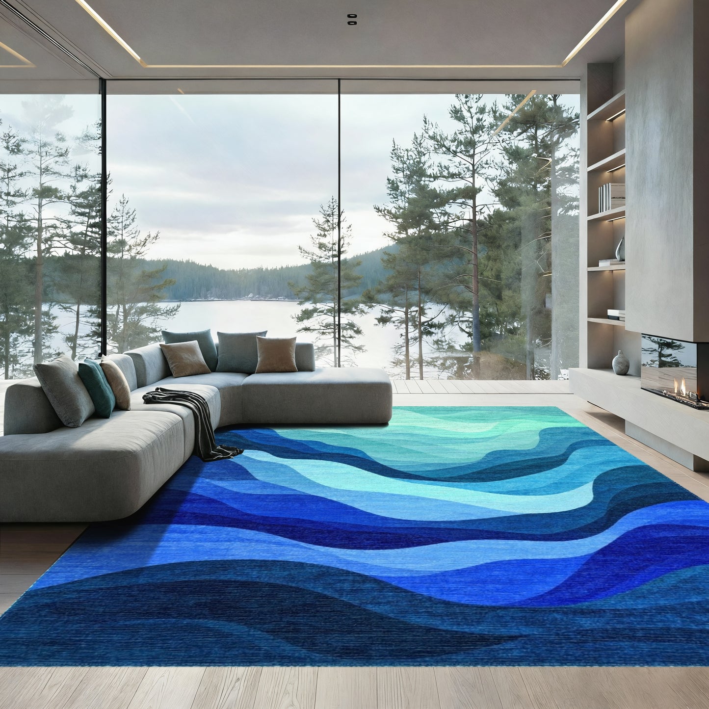 Teal Blue Layered Wave Rug