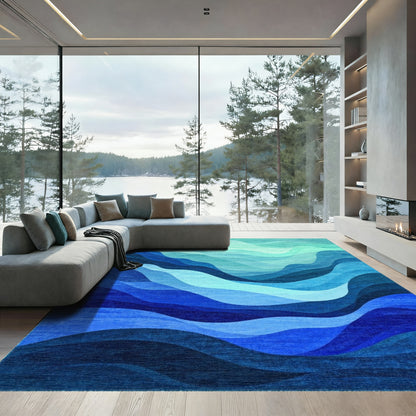 Teal Blue Layered Wave Rug