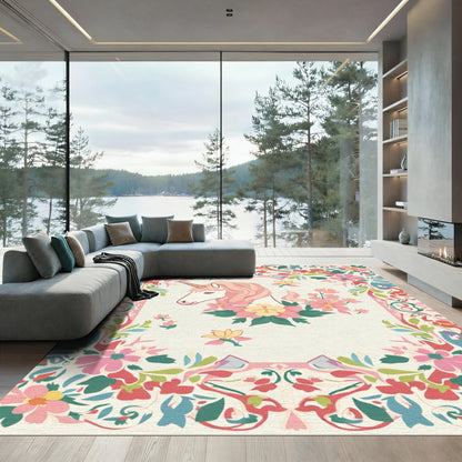 Whimsical Pink Unicorn Floral Garden Rug