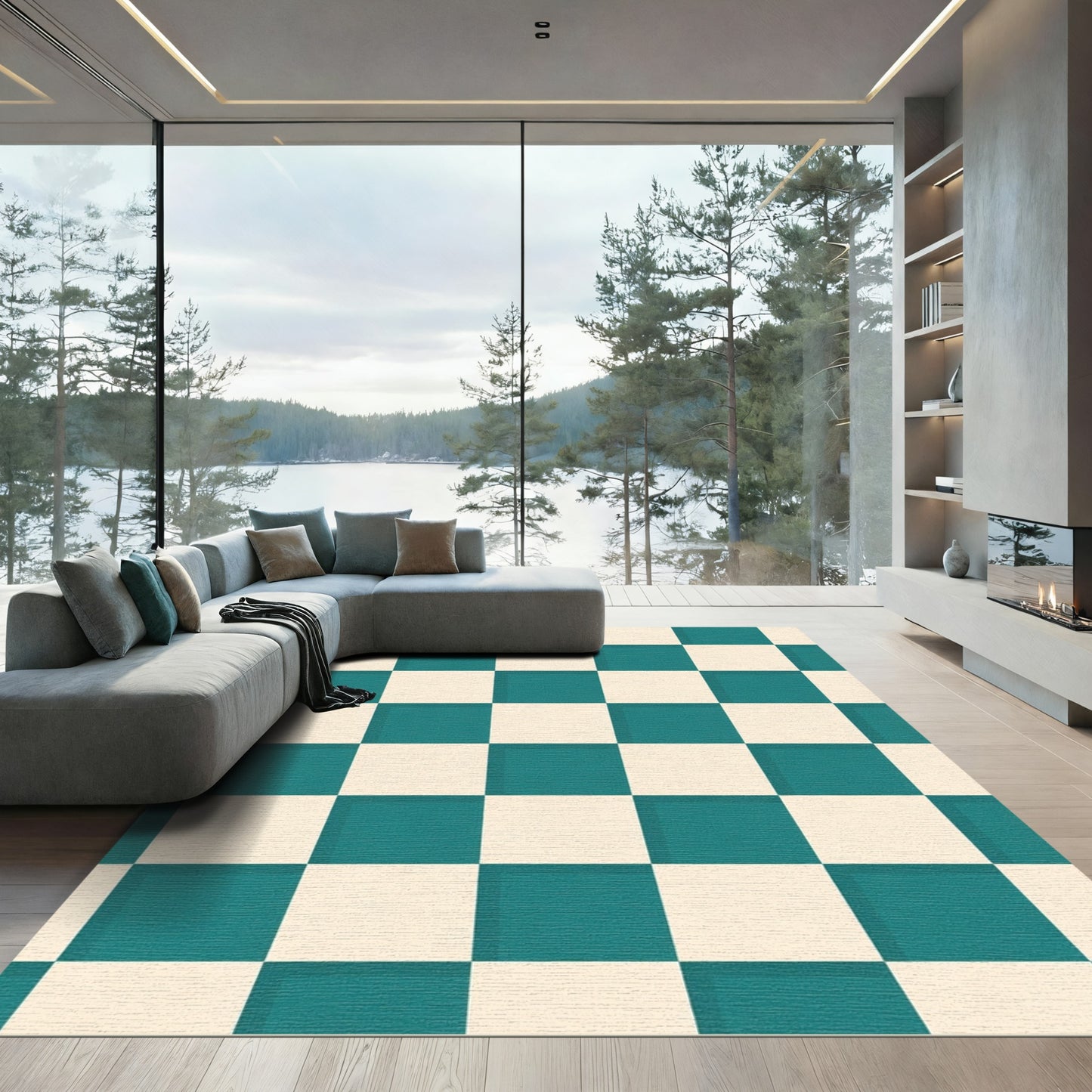 Teal Cream Checkerboard Square Rug