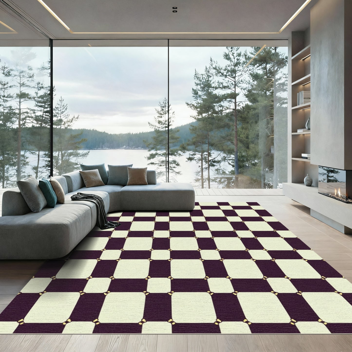 Dark Plum Cream Checkerboard Squares Rug