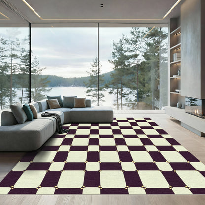 Dark Plum Cream Checkerboard Squares Rug