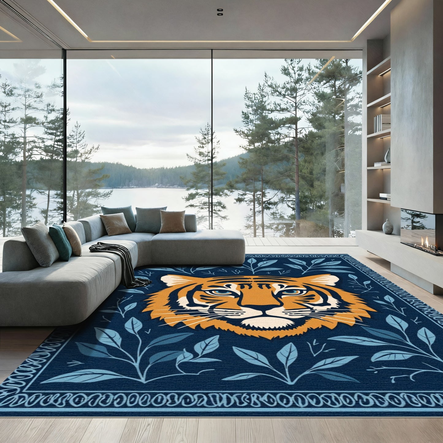 Bold Orange Tiger Blue Leaf Border Rug