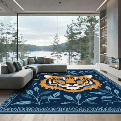 Bold Orange Tiger Blue Leaf Border Rug