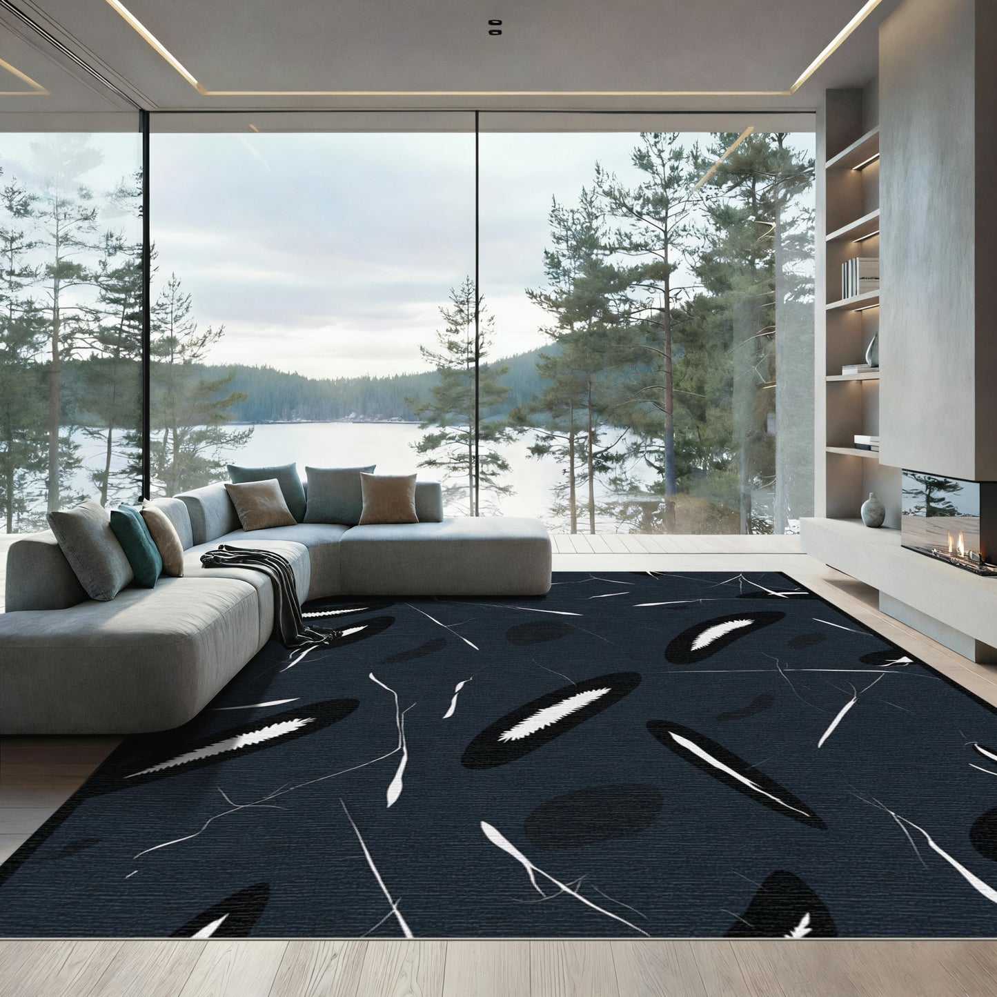 Dark Blue White Abstract Botanical Rug
