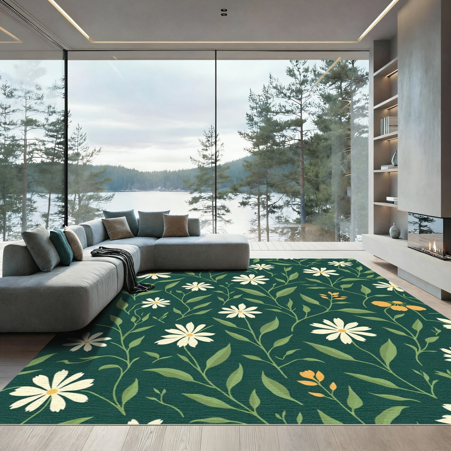 Dark Green Floral Garden Daisy Rug