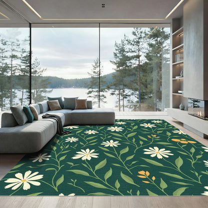 Dark Green Floral Garden Daisy Rug