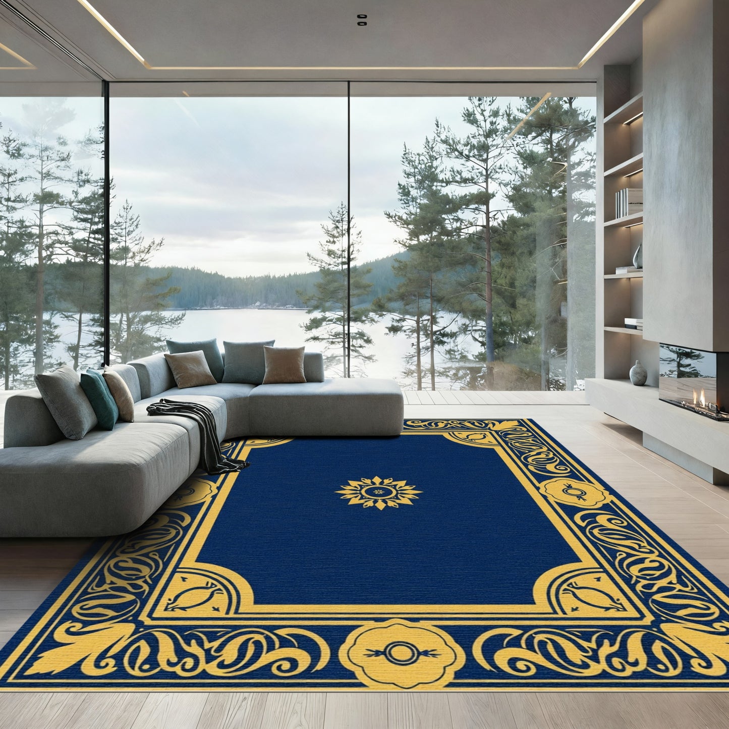 Royal Blue Gold Floral Frame Rug