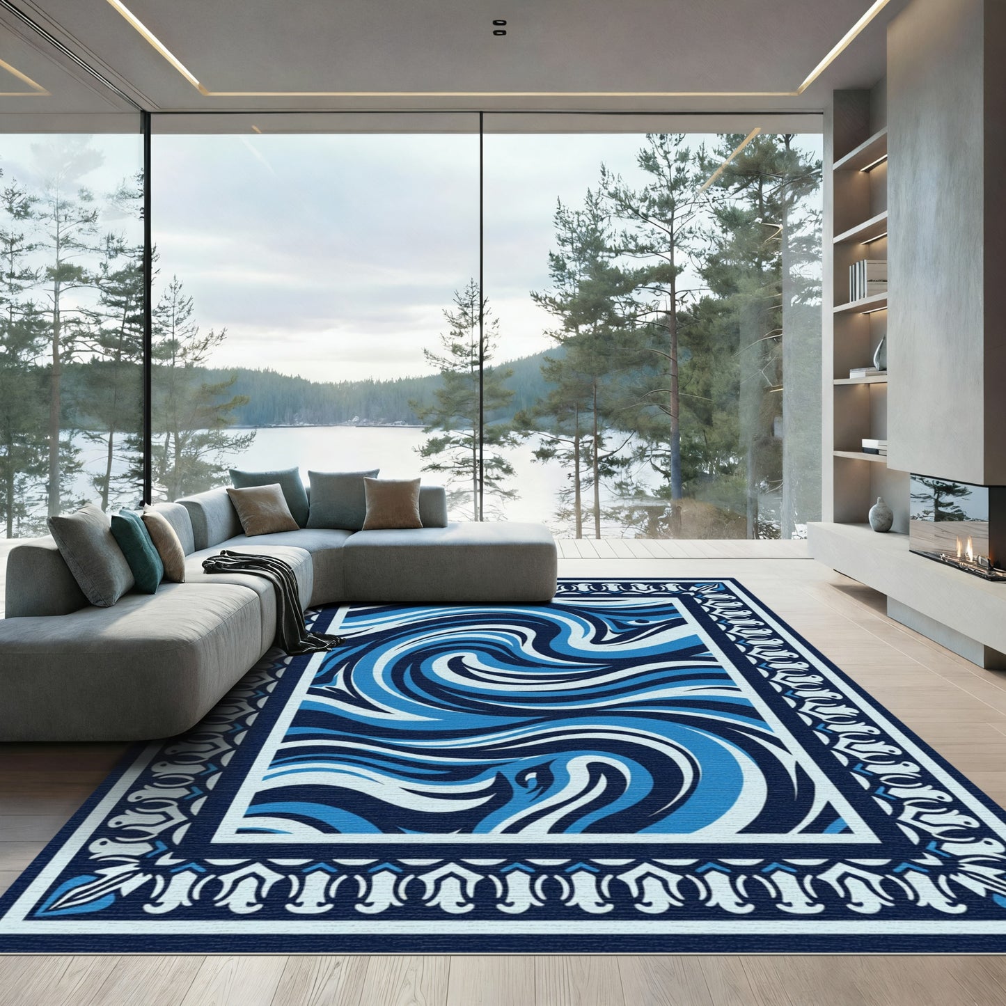 Deep Blue Swirl Border Rug