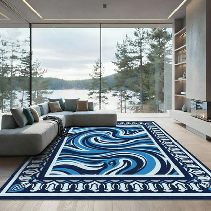 Deep Blue Swirl Border Rug