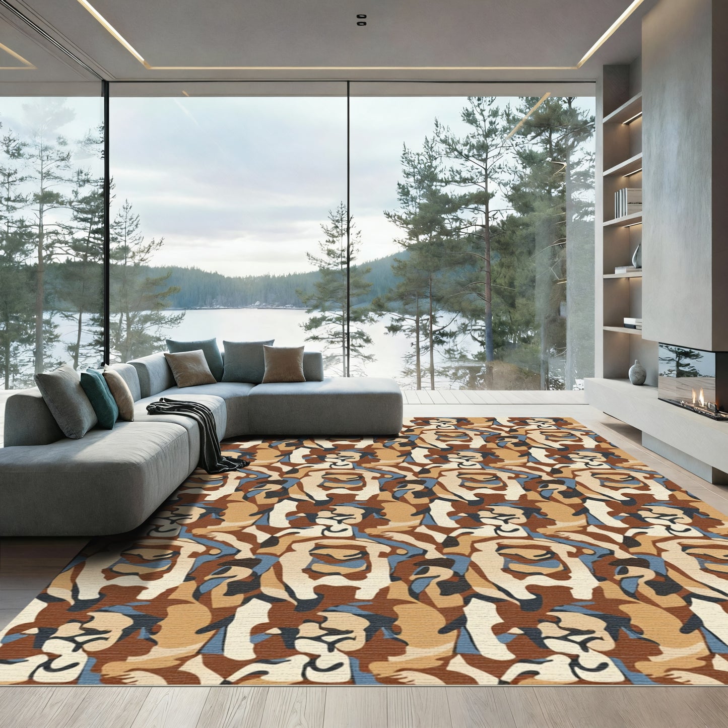 Earthy Brown Abstract Camouflage Rug