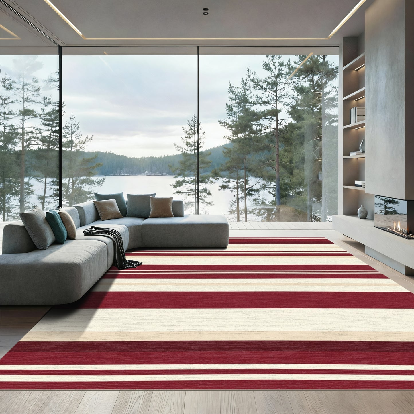 Deep Red Cream Stripe Rug