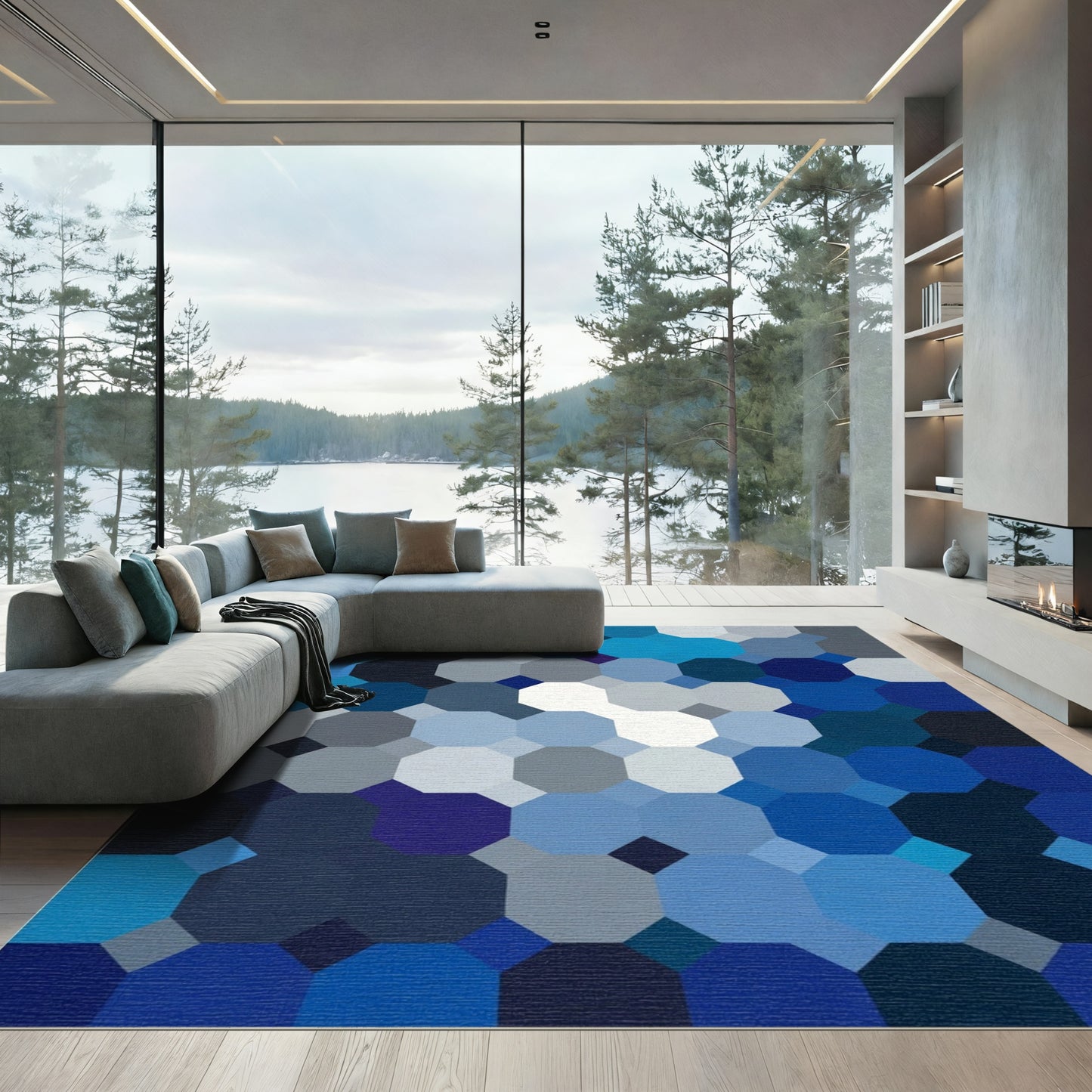 Deep Blue Octagon Mosaic Rug