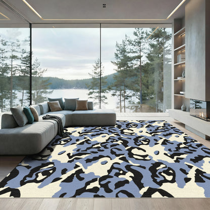 Abstract Blue Black Ivory Camouflage Rug