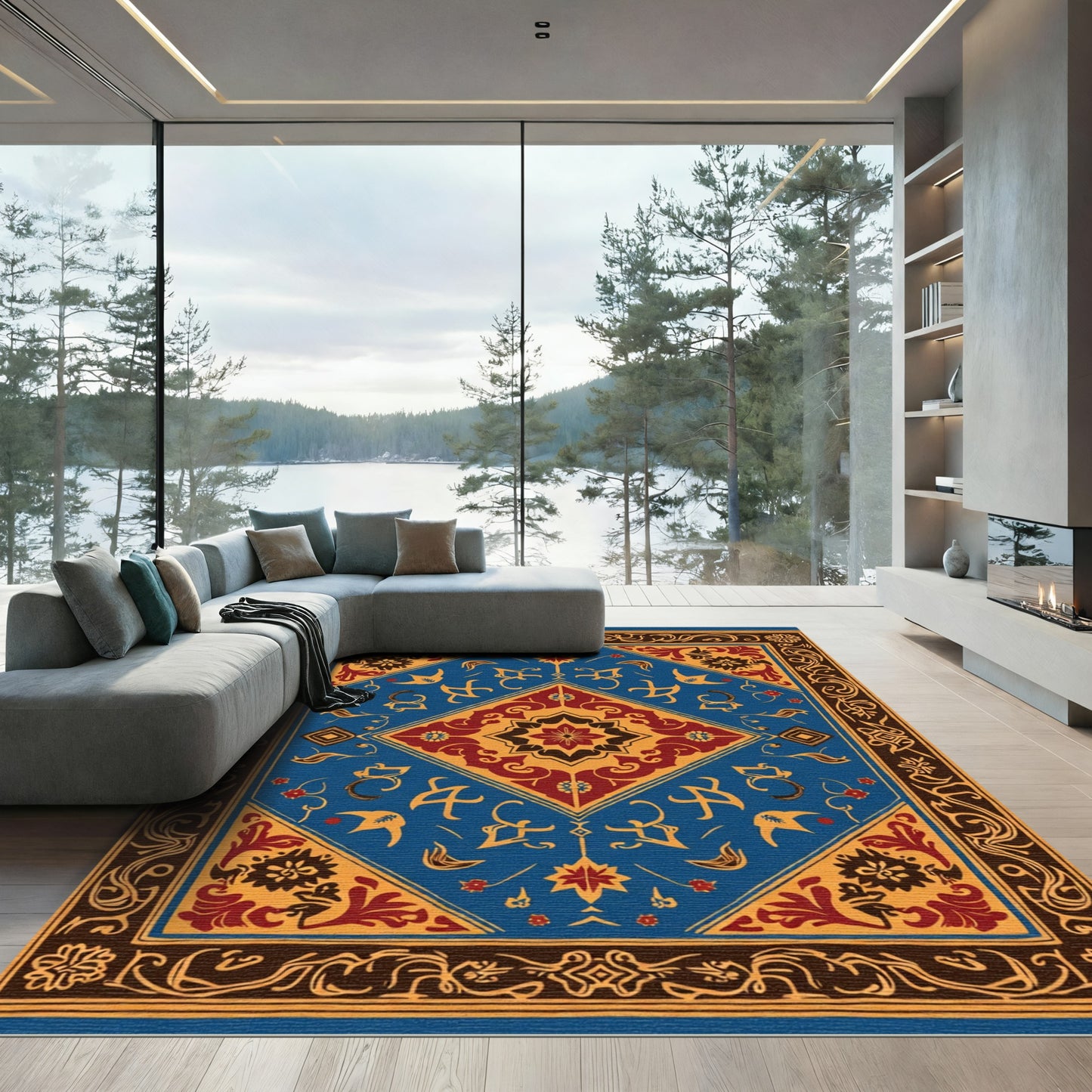 Blue Crimson Golden Floral Medallion Rug