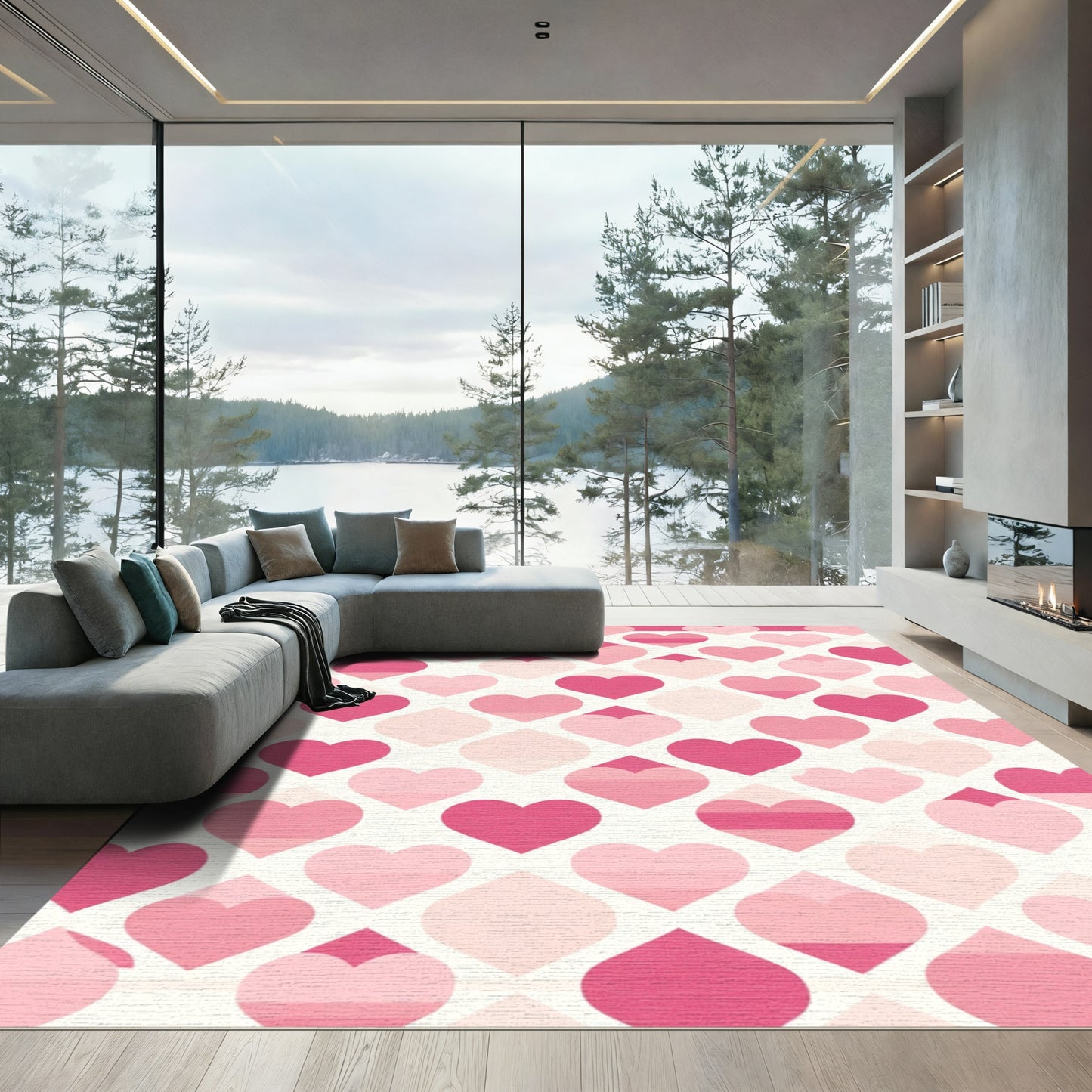 Pink Hearts Geometric All Over Rug