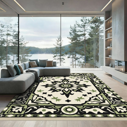 Green Black Cream Floral Medallion Rug