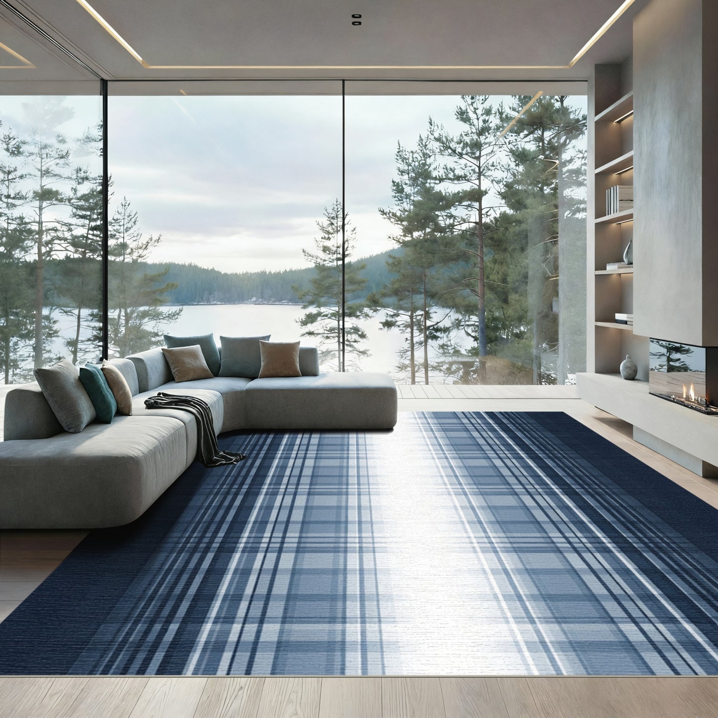 Deep Blue Gradient Plaid Rug