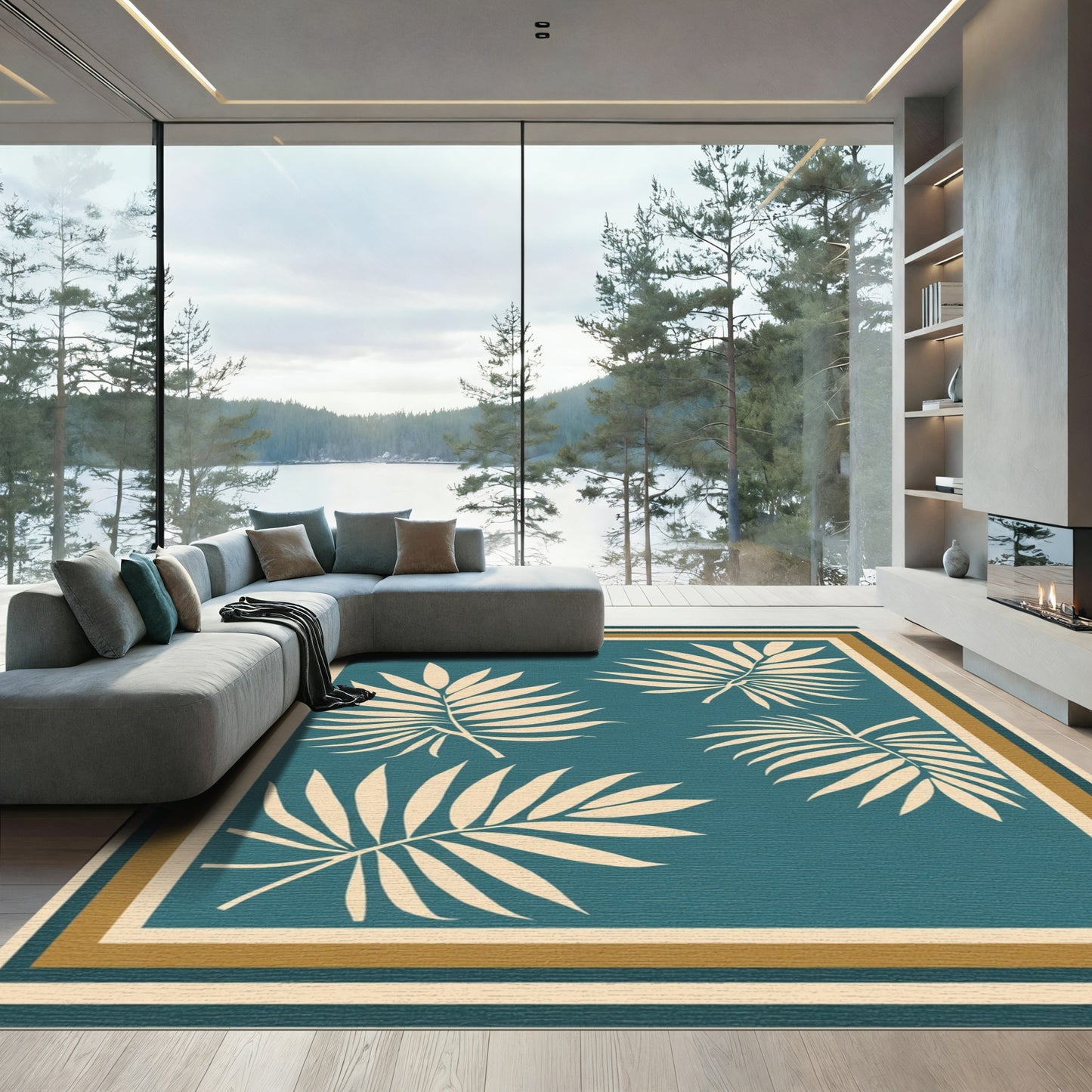 Teal Tropical Palm Frond Composition Rug