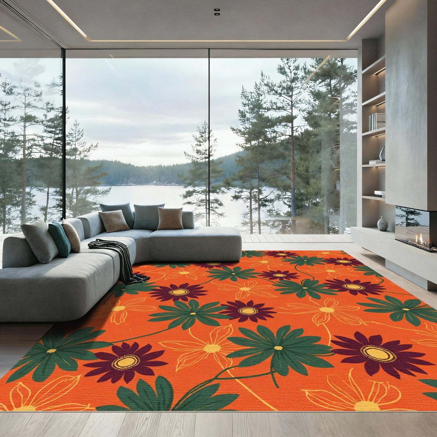 Orange Garden Floral Bloom Rug