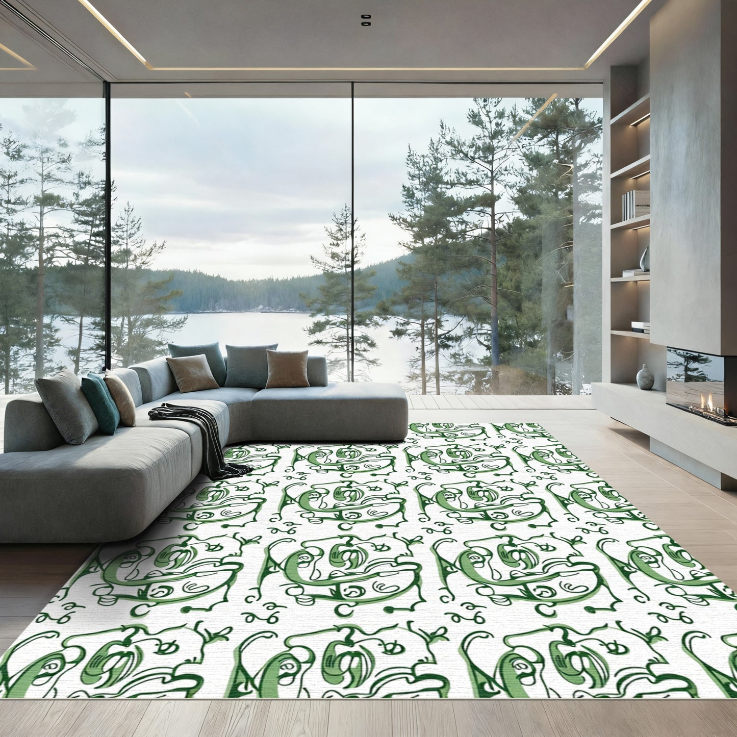 Green Abstract Whimsical Faces Rug