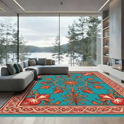Turquoise Orange Floral Medallion Border Rug