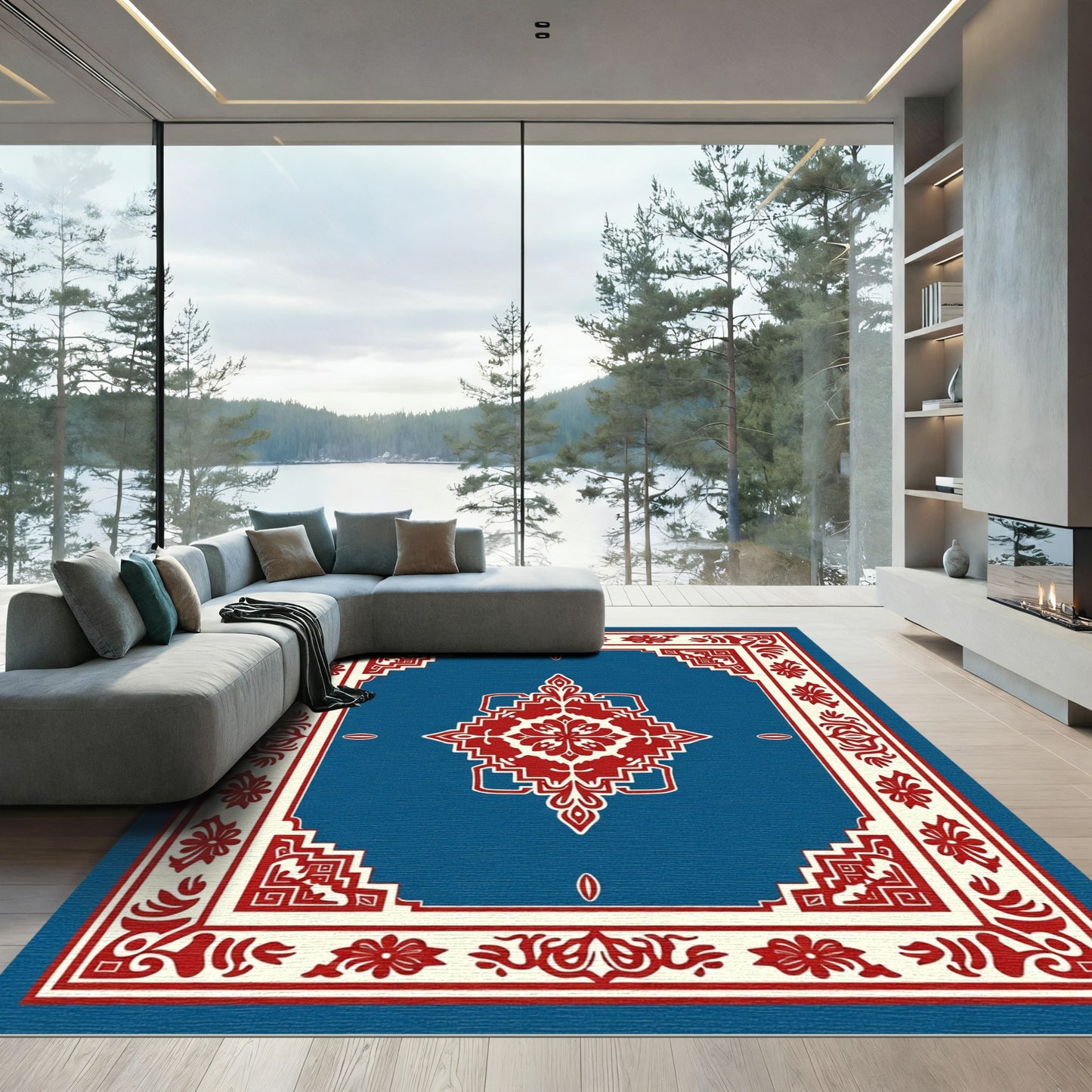 Crimson Floral Medallion Blue Frame Rug