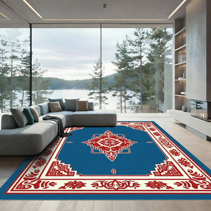Crimson Floral Medallion Blue Frame Rug