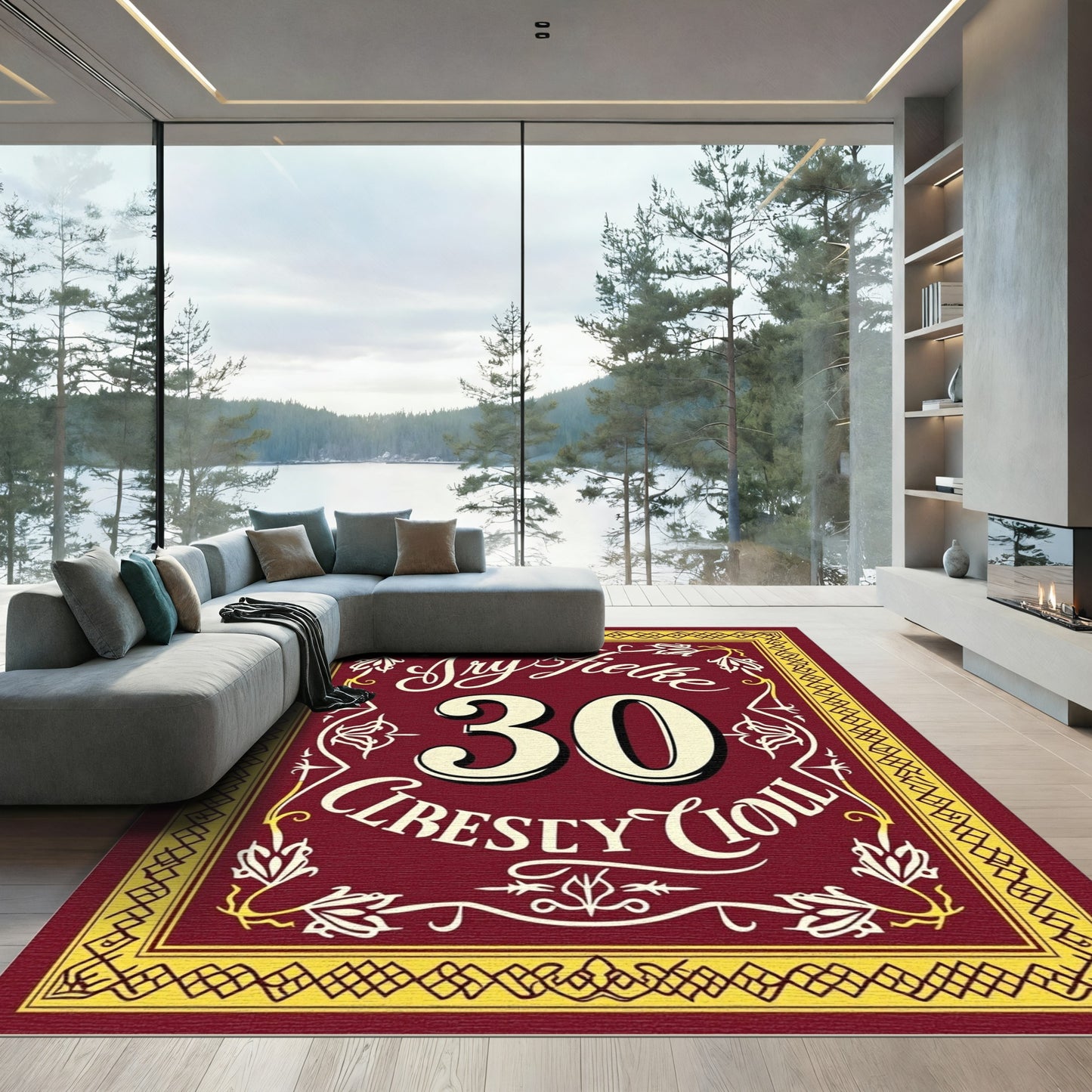 Burgundy Cream Bordered Calligraphic Number Rug