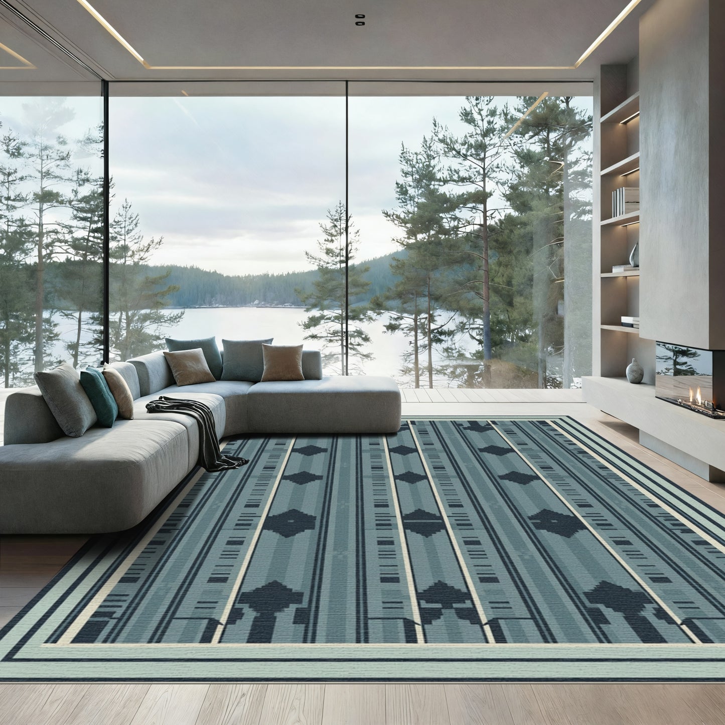 Deep Teal Geometric Stripe Medallion Rug