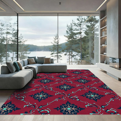 Deep Red Floral Medallion Scroll Rug