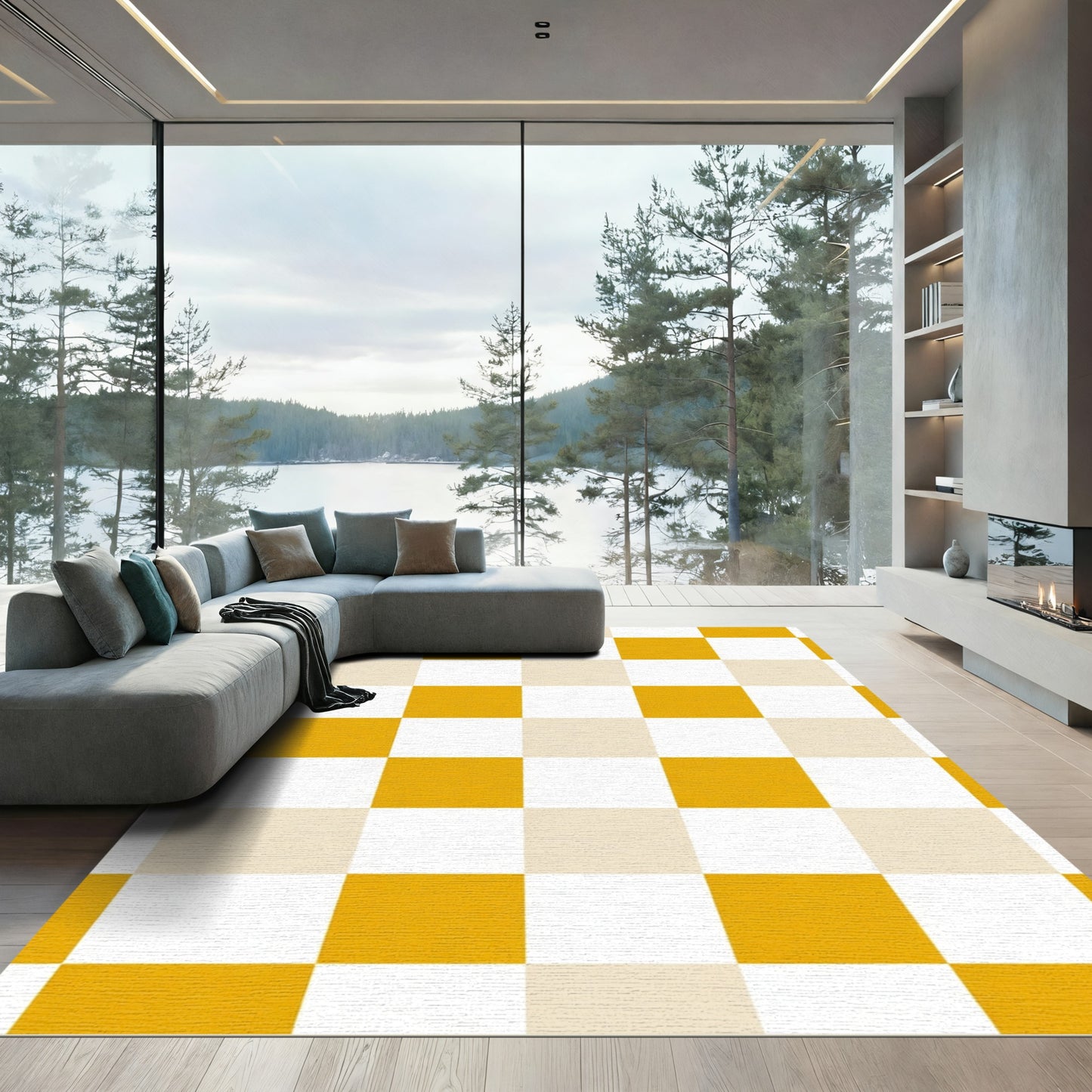Golden Yellow Checkerboard Squares Rug
