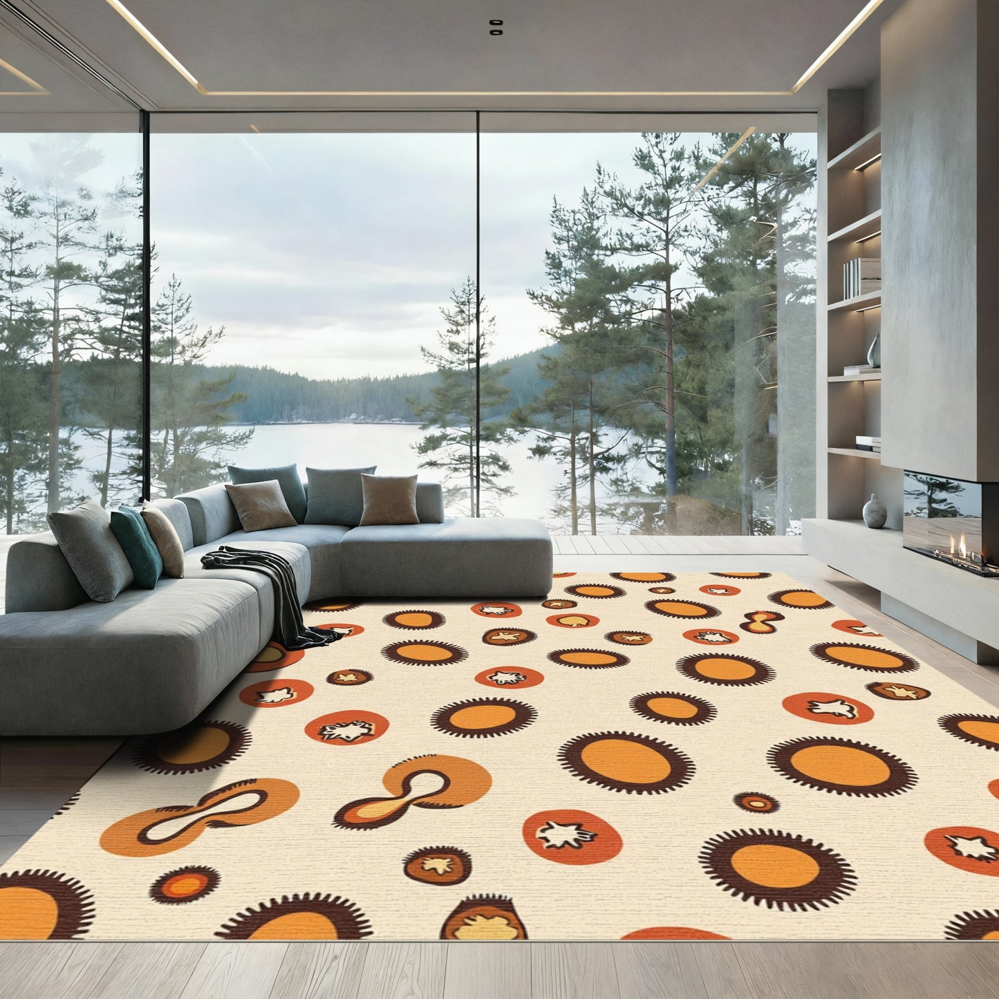 Orange Crimson Abstract Round Cells Rug