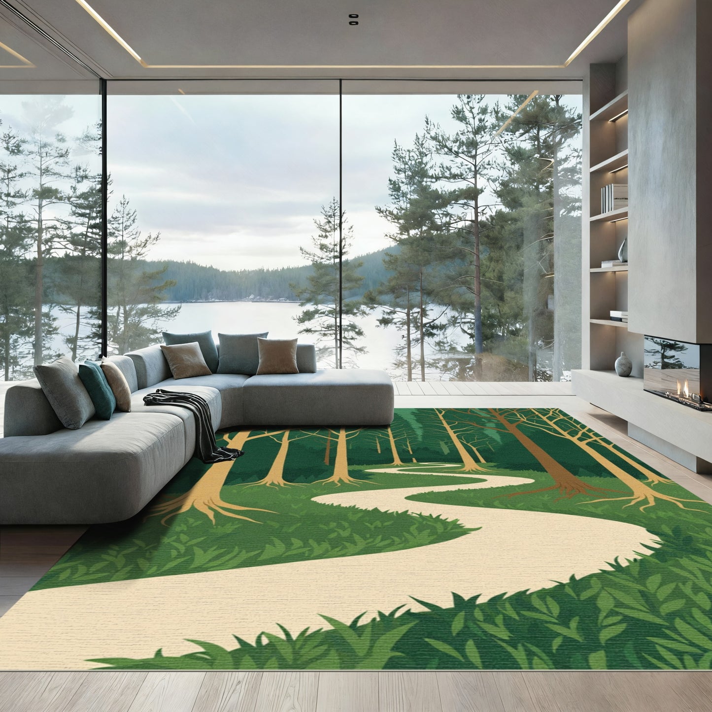 Serene Woodland Path Cream Stripe Rug