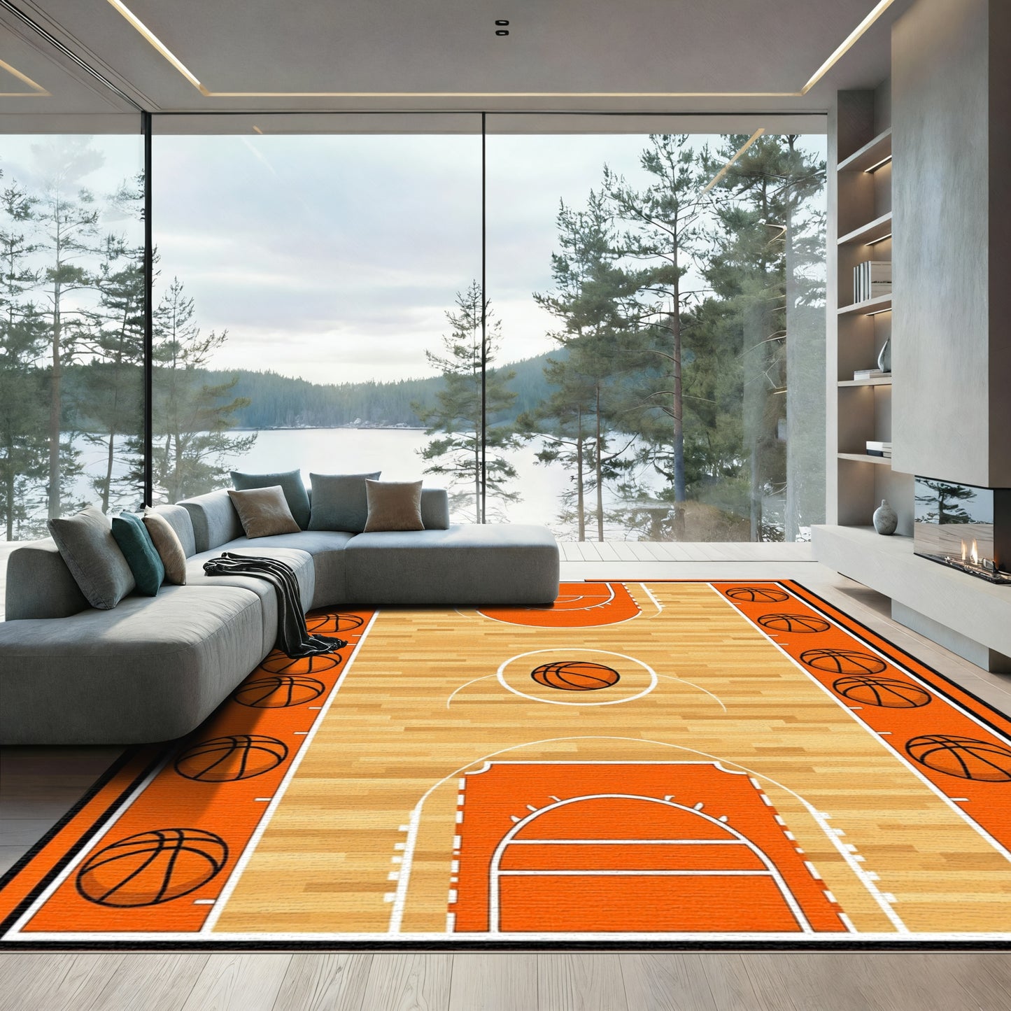 Orange Basketball Court Wood Grain Rug