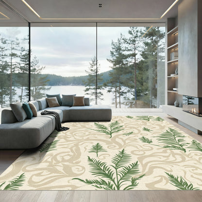 Green Fern Foliage on Cream Swirls Rug