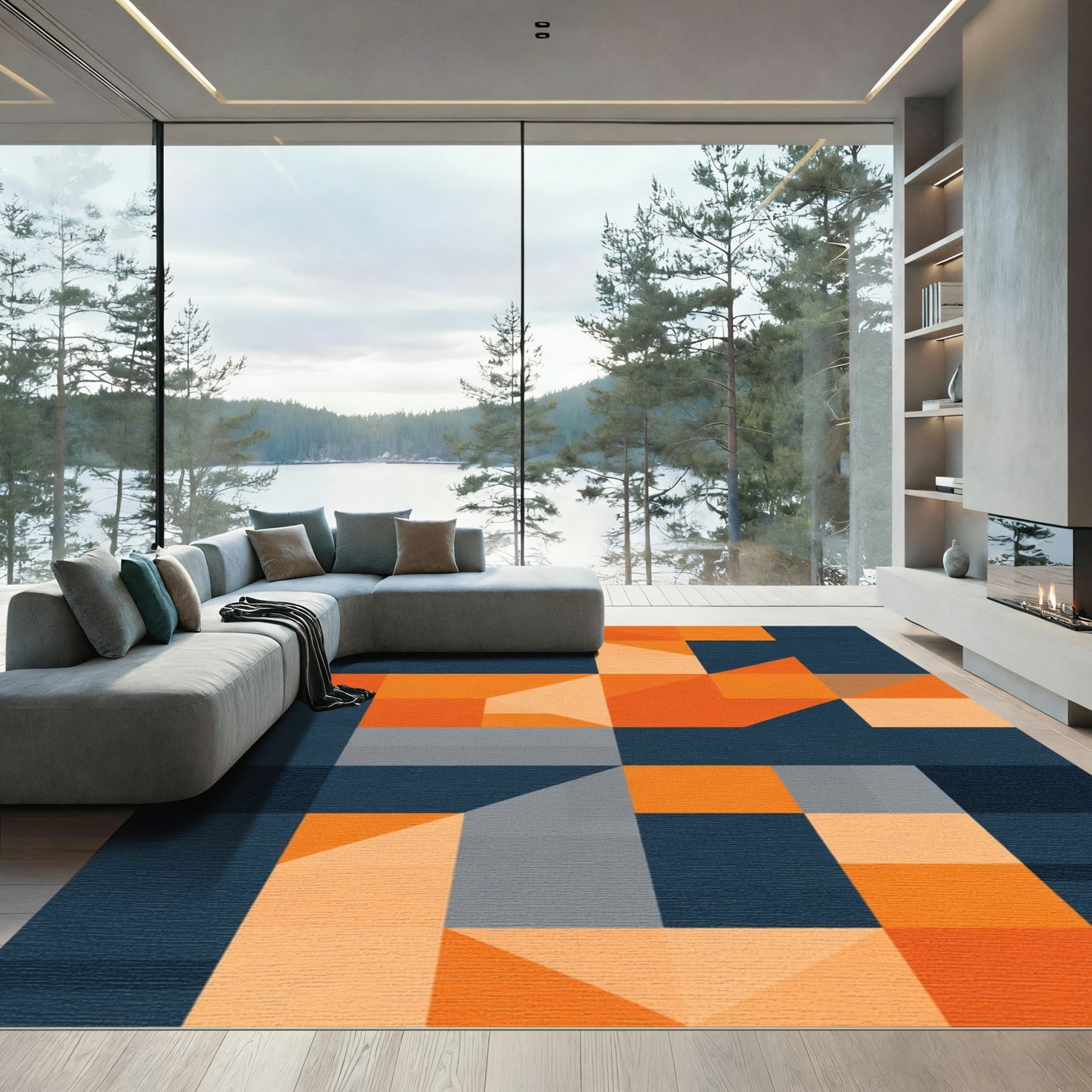 Deep Blue Orange Geometric Squares Rug