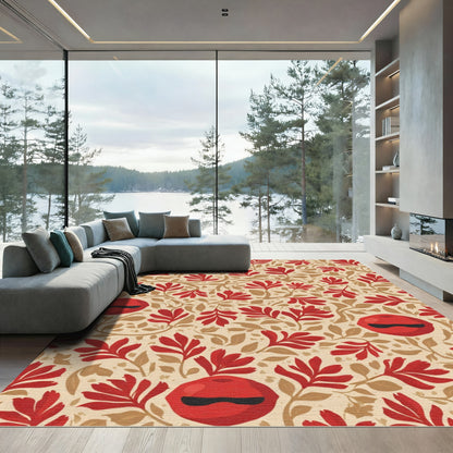 Crimson Red Floral Whimsical Face Rug