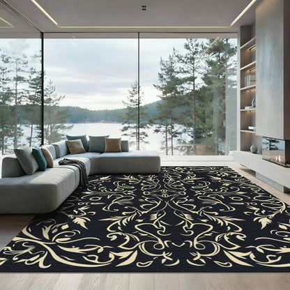 Cream Scrollwork Damask on Black Background Rug
