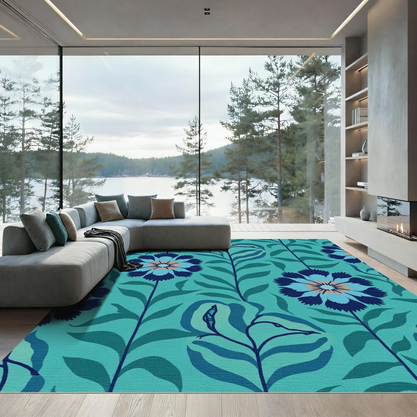Navy Blue Floral Teal Garden Rug