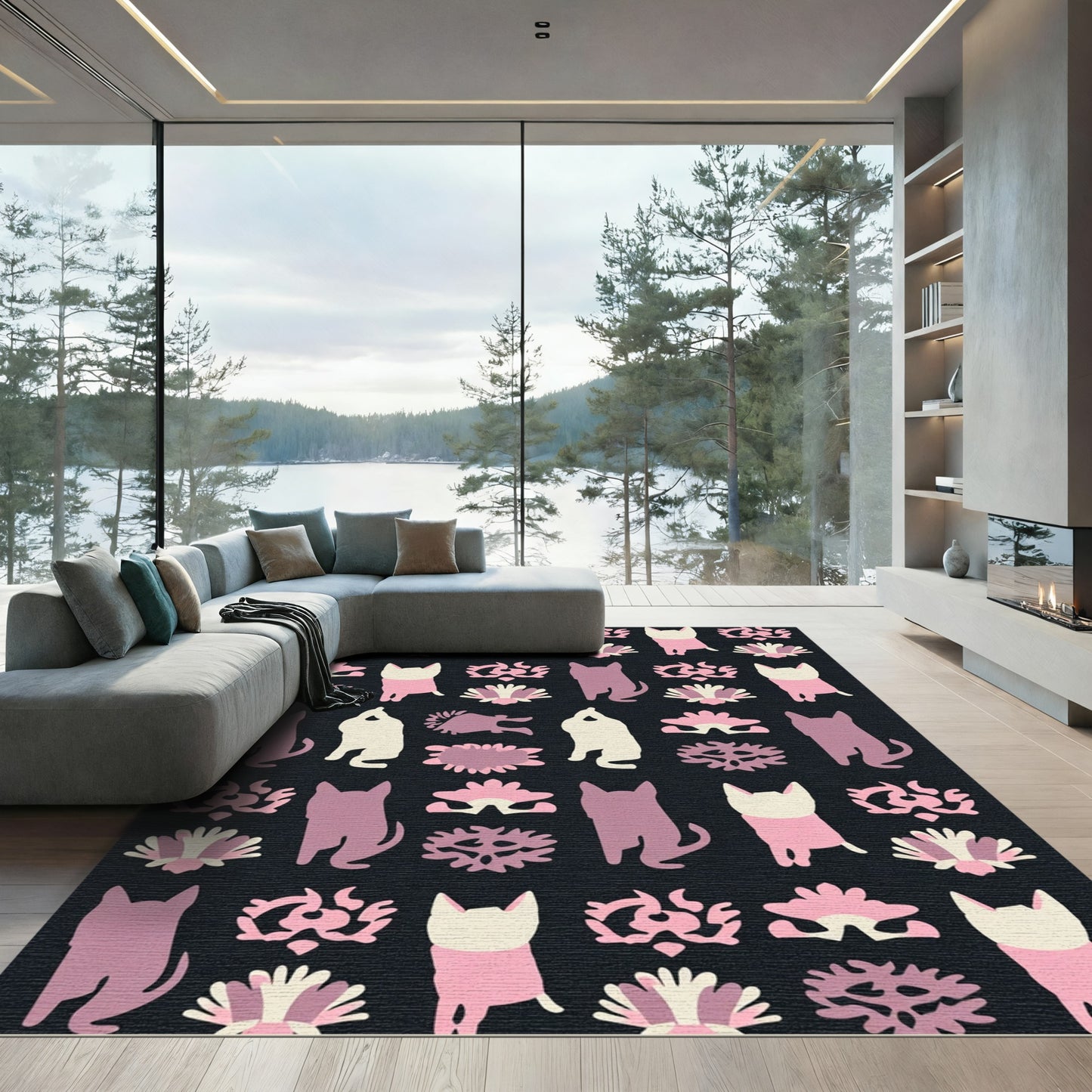 Pink Cream Dog Floral Repeating Rug