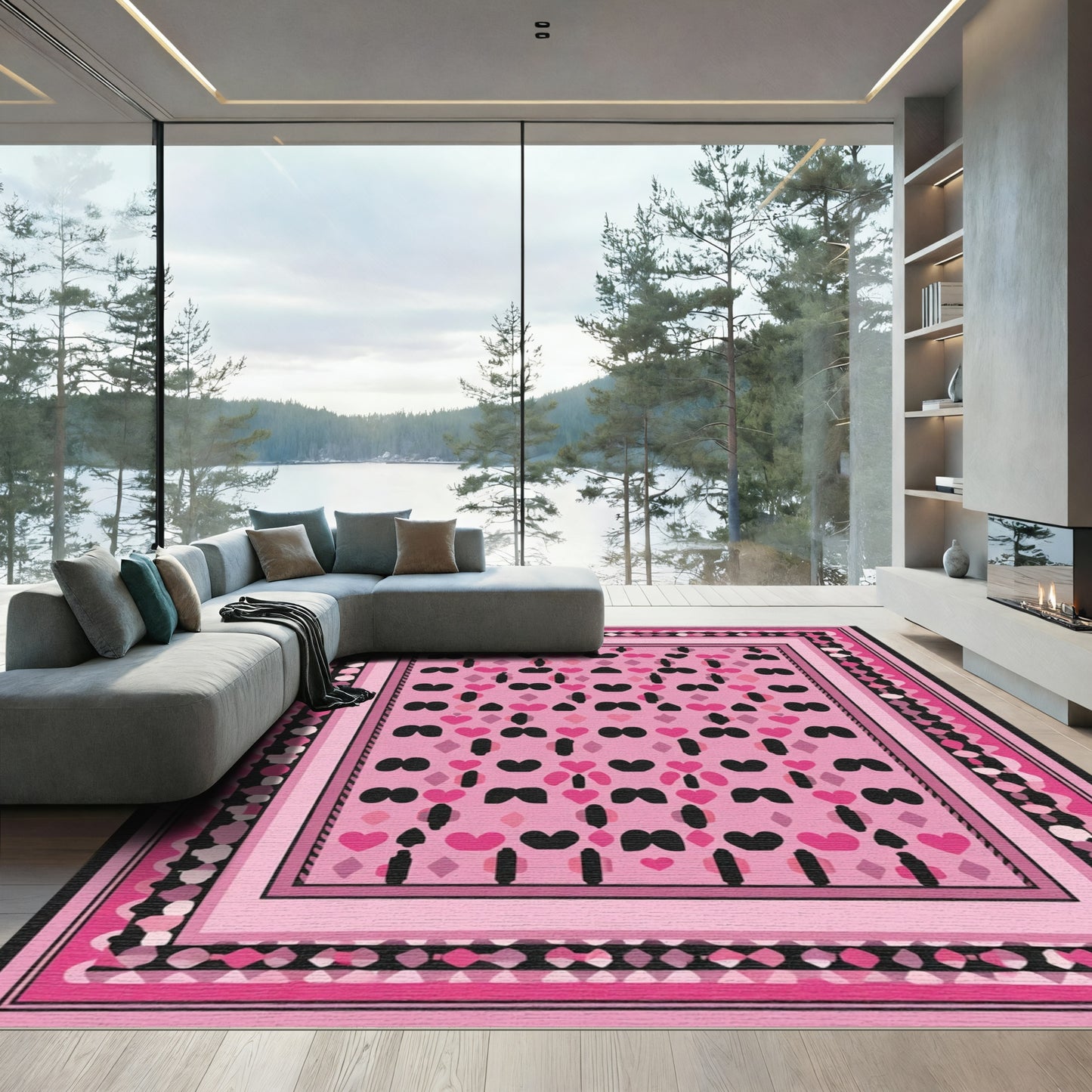 Whimsical Pink Heart Stripe Border Rug