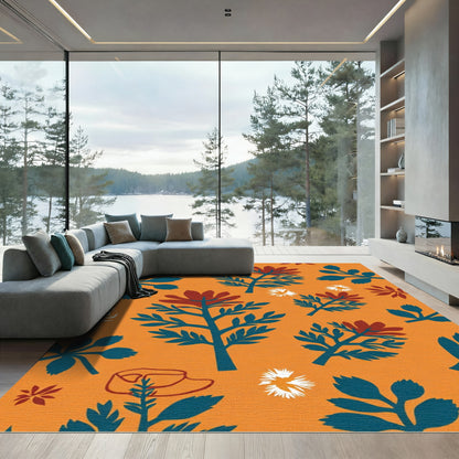 Orange Teal Floral Folk Branches Rug