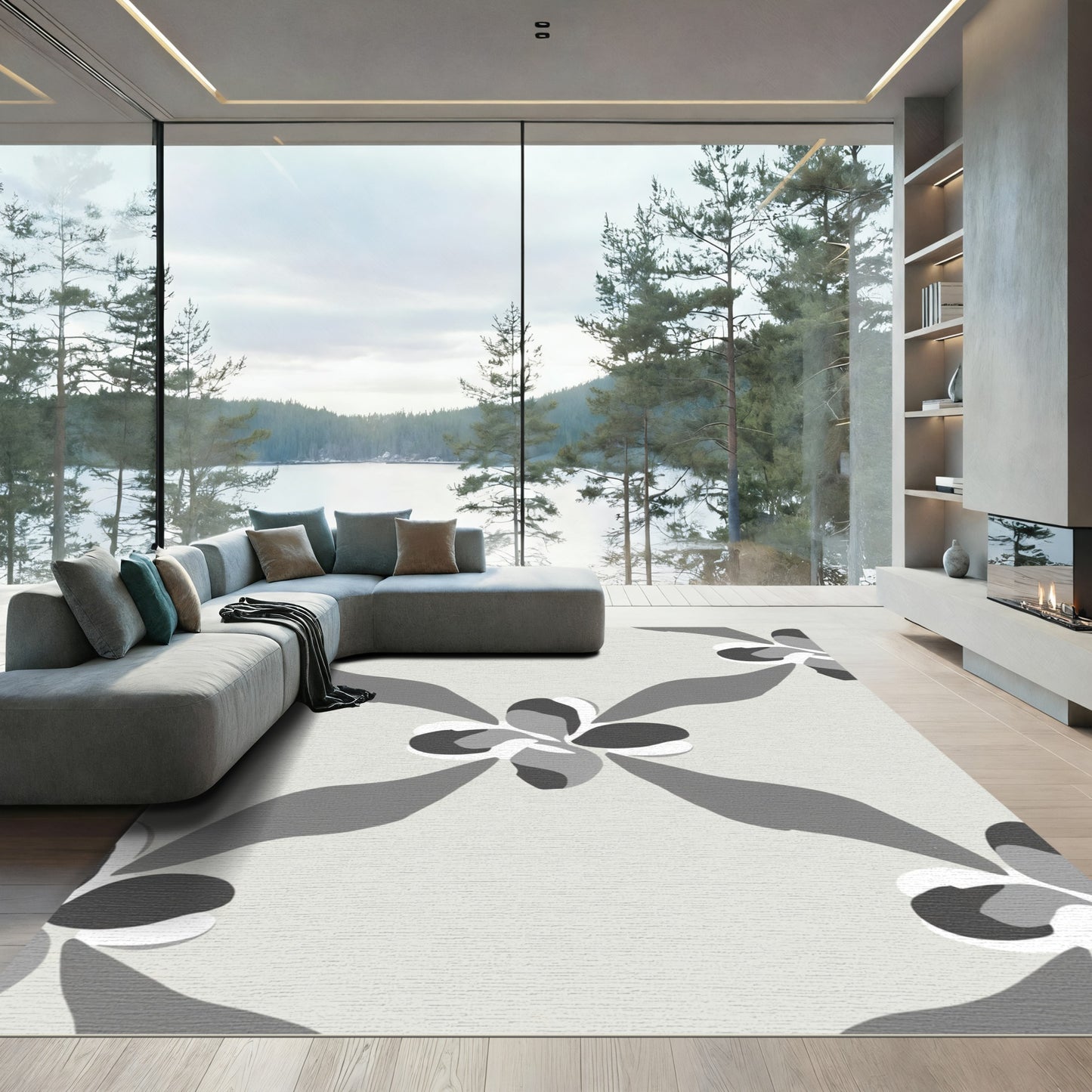 Monochromatic Floral Diamond Arrangement Rug