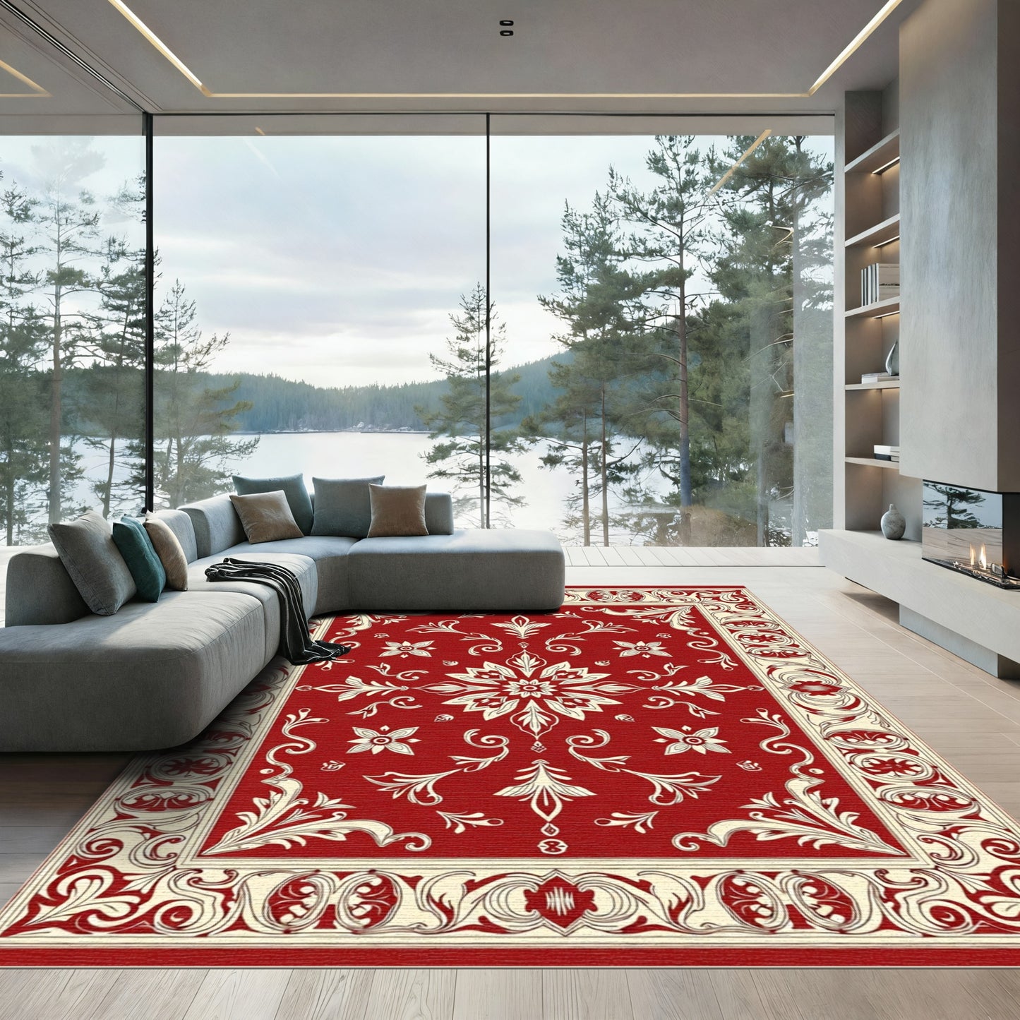 Ornate Floral Border Red Cream Rug