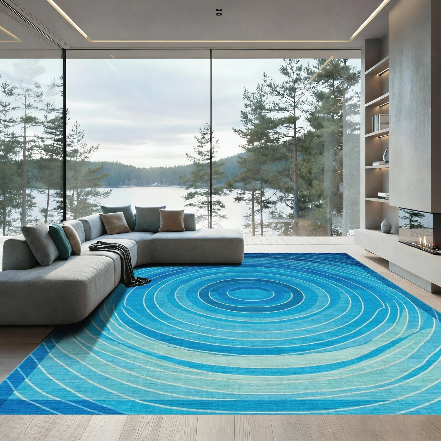Blue Concentric Circles Abstract Rug