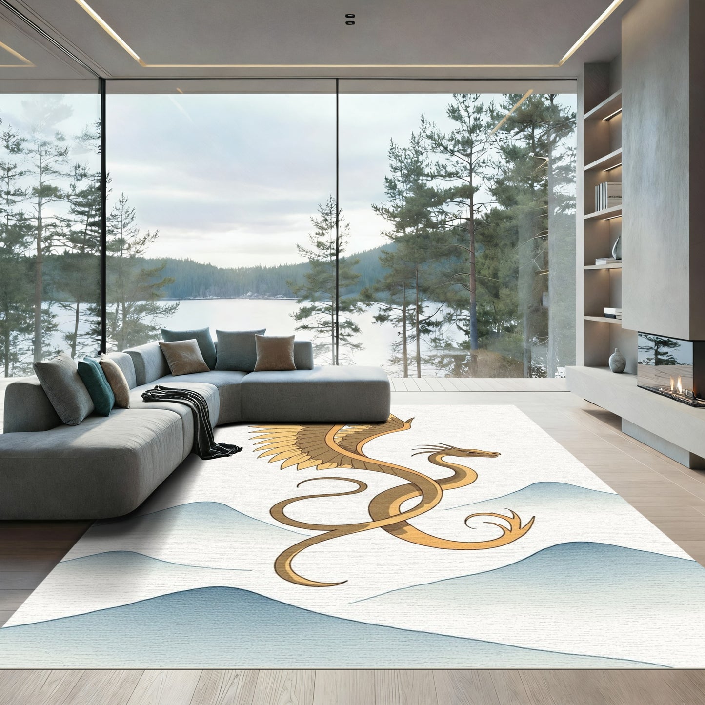 Golden Dragon Above Misty Blue Mountains Rug